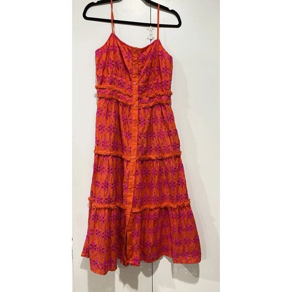 J Crew Sundress Sz 6 Tiered Eyelet Button Front   Orange Purple Spaghetti Straps - Picture 2 of 16